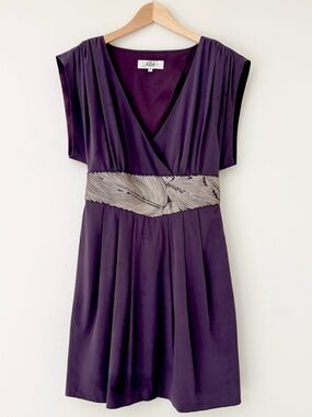 Tibi 100% Silk Purple Mini Dress Cutout Back Silver Metallic Waist Band Sz 4